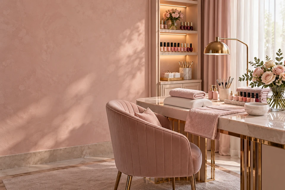 Blush home beauty setting with manicure essentials and roses